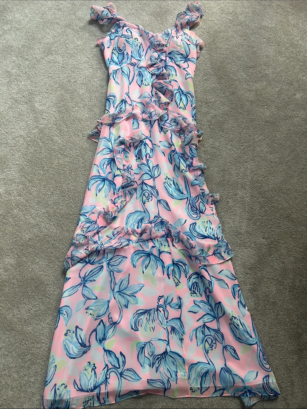 Lilly Pulitzer Pink and Blue Floral Tiered Maxi Dress